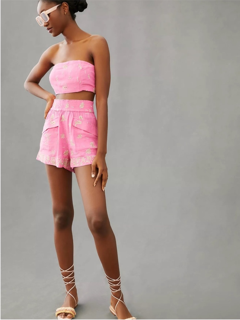 Anthropologie Maeve embroidered pink bandeau and shorts set size Small